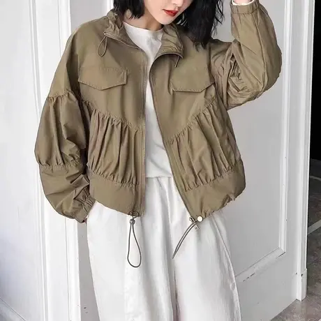 2023春秋季新款洋气百搭短款夹克女士韩版设计感褶皱休闲百搭外套商品大图