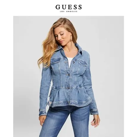 【38上新季】GUESS 女士荷叶边收腰修身短款牛仔外套图片