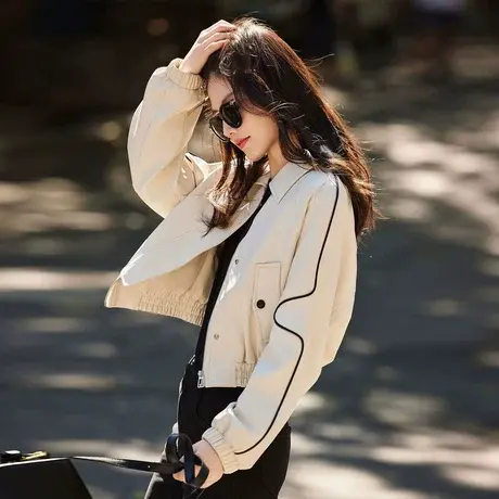 时尚气质2023年秋季新款女翻领长袖宽松百搭显瘦皮衣短款外套图片