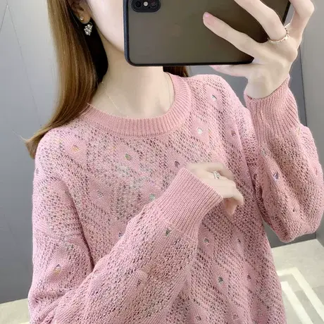 2024年新款早秋毛衣慵懒风针织衫拼色勾花宽松圆领上衣长袖内搭潮图片