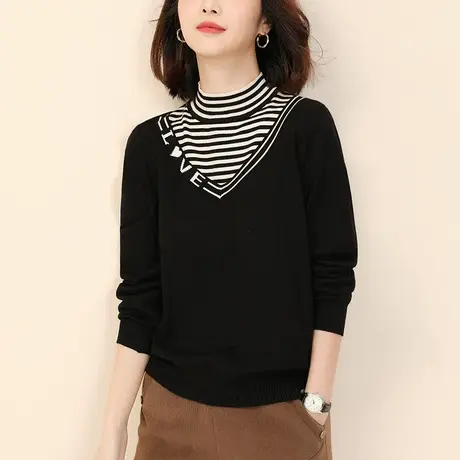 韩潮袭人气质半高领条纹长袖毛衣女2023冬新款时尚宽松休闲打底衫图片