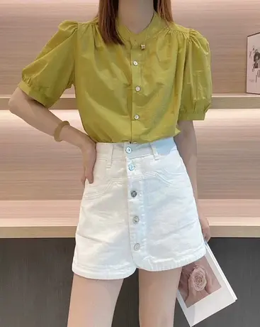 2023夏季新款时尚短袖衬衫女纯色显瘦宽松灯笼袖复古休闲衬衣上衣商品大图