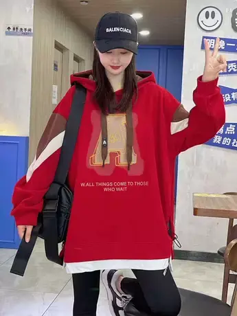 2023秋季新款卫衣拼色重叠A字母连帽时尚百搭韩版宽松假两件上衣商品大图
