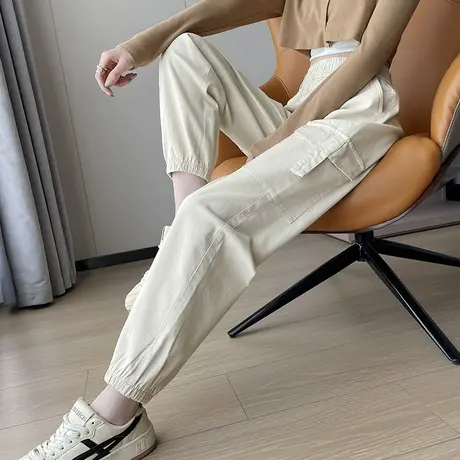 美式白色束脚工装裤女2023夏季薄款高腰显瘦垂感哈伦休闲运动裤子商品大图