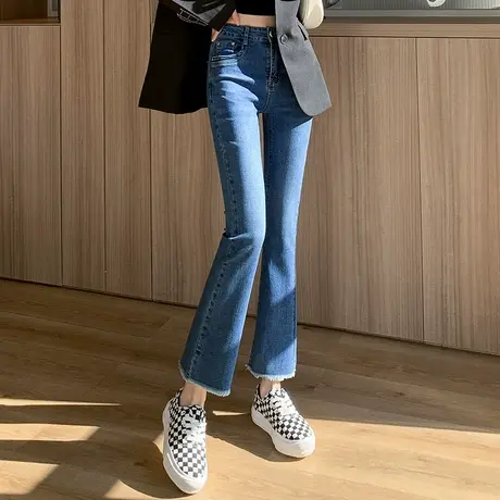 高腰毛边微喇牛仔裤女2023年新款春季女裤小个子九分裤鱼尾喇叭裤商品大图