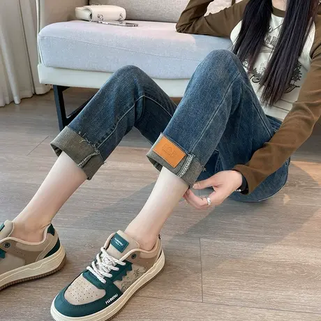 蓝色烟管裤女2024新款春秋显瘦显高复古九分法棍直筒小个子牛仔裤商品大图