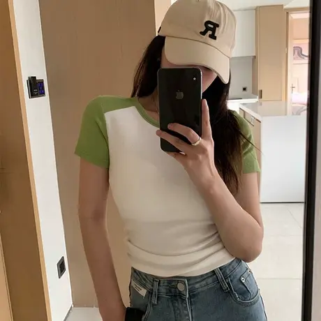 插肩短袖t恤女夏季小众设计感甜辣妹修身正肩显瘦小个子短款上衣商品大图