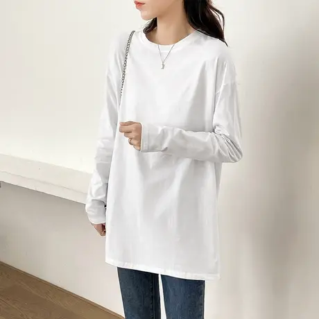 学生中长款宽松纯棉打底衫女遮屁股t恤2022春秋显瘦卫衣叠穿内搭图片