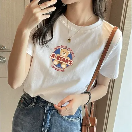 2023夏季女士短袖白色t恤纯棉宽松减龄小熊印花半袖韩版体恤上衣商品大图
