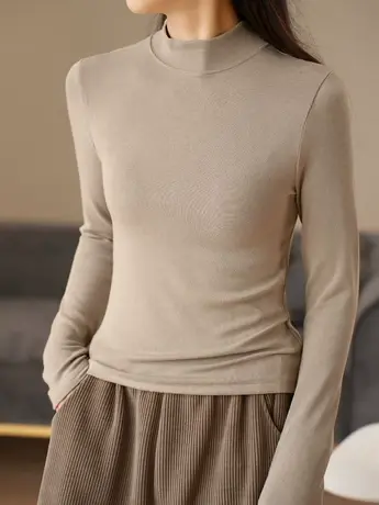 轻柔软糯 女士半高领长袖打底衫t恤女弹力纯色保暖加绒秋冬上衣服商品大图