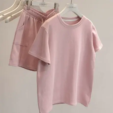 懒人Bi备~圆领宽松百搭短袖T恤+抽绳高腰休闲阔腿短裤运动套装商品大图