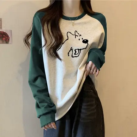 ins超火拼色插肩长袖T恤女冬季宽松韩版潮学生加绒内搭外穿打底衫商品大图