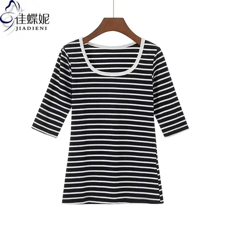 早春新款韩版圆领修身条纹纯棉显瘦中袖体恤上衣内搭女打底衫半袖商品大图