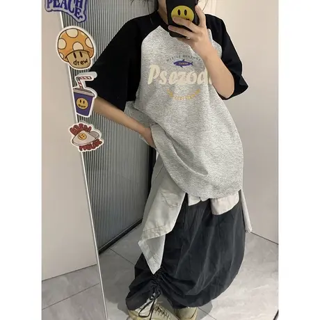 复古插肩袖正肩t恤女纯棉胖mm大码遮肚子美式上衣ins潮牌夏季短袖商品大图