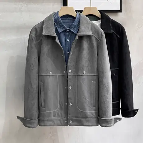 秋冬男士新款麂皮绒夹克韩版潮流翻领休闲外套上衣鹿皮绒茄克衫图片