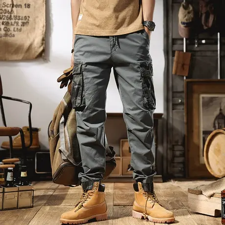 美式复古迷彩拼接工装裤子男宽松直筒潮牌夏季休闲裤男阔腿束脚裤商品大图