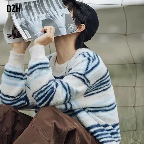 男士圆领条纹毛衣男冬季宽松慵懒风加厚套头针织衫休闲长袖上衣潮商品大图