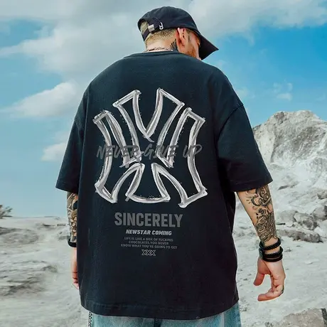 欧美高街潮牌宽松T恤短袖男加肥加大五分袖纯棉肥佬大码男装夏季图片