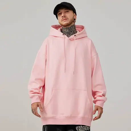 粉色卫衣男纯色加绒加厚宽松套头情侣胖子男装连帽大码秋冬款外套商品大图