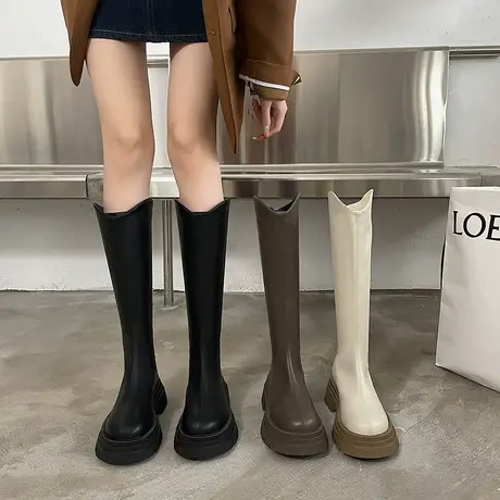 长筒靴女2023春秋季新款复古法式显瘦时装靴子粗跟厚底v口骑士靴商品大图