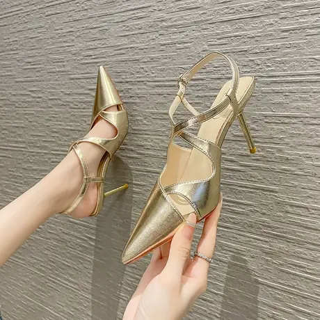 法式少女尖头高跟鞋女细跟2024年夏季新款性感包头一字带后空凉鞋图片