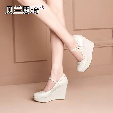 真皮圆头一字带厚底坡跟单鞋女浅口春季新款女鞋防水台高跟鞋图片