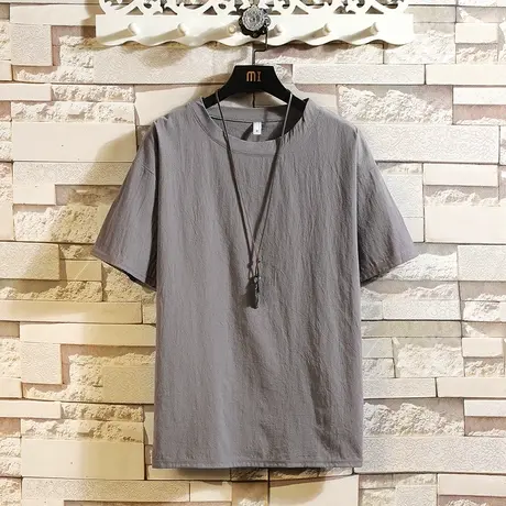 夏季潮流ins棉麻短袖T恤男潮牌宽松薄款亚麻半袖盐系五分袖体恤衫商品大图