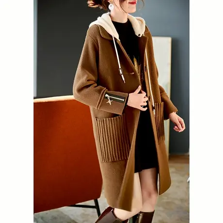 宝诗黎可拆卸帽中长款毛呢大衣2024春季新款高级感美拉德羊毛外套图片