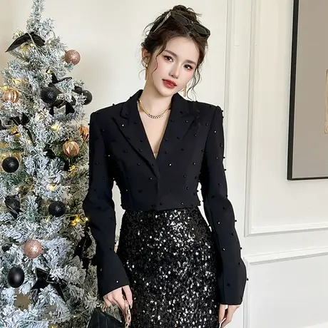 西装领法式小香风短款外套女秋冬小众设计感钉珠洋气长袖西服上衣图片