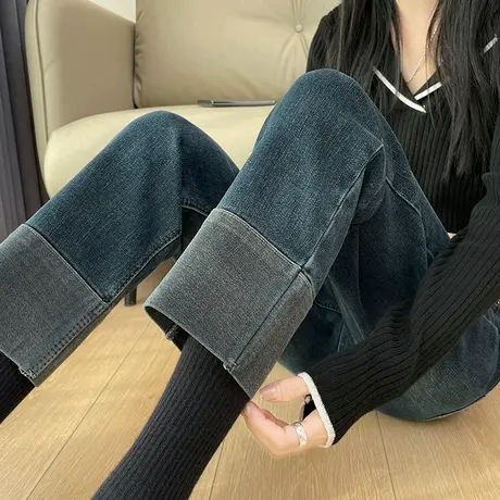 复古蓝高腰卷边直筒牛仔裤女秋冬新款显瘦八分九分小个子烟管裤子商品大图