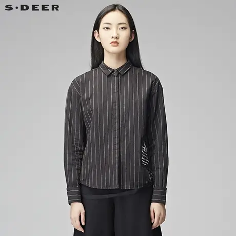 sdeer 圣迪奥时尚撞色条纹贴布飘带装饰学院风短款衬衫S17480593图片