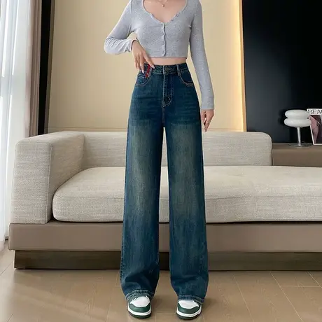 窄版高腰阔腿牛仔裤女2024秋冬季新款设计感撞色显瘦拖地直筒裤子商品大图