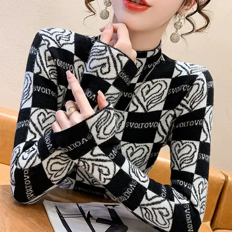 加厚保暖一体绒针织衫女秋冬洋气半高领毛衣套头内搭修身打底衫潮图片