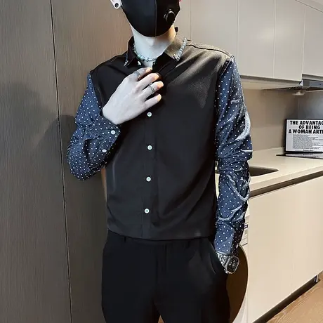 2023秋季新品长袖衬衫男印花波点设计个性拼接修身INS秋装衬衣商品大图