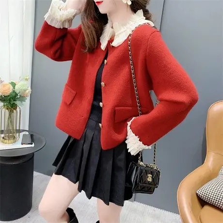 小香风蕾丝拼接毛衣开衫女早春2024年新款洋气减龄高级感针织外套图片