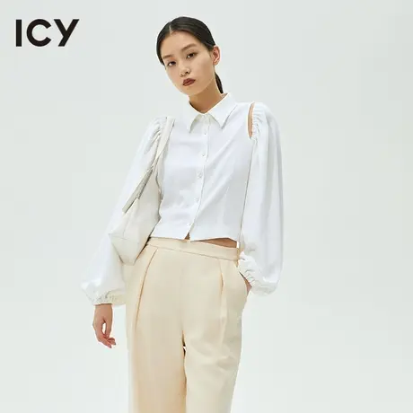 icy春秋新款肌理褶皱镂空露肩灯笼长袖短款白衬衫女商品大图