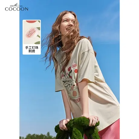 MISSCOCOON法式时尚上衣2023夏季新款女宽松圆领玫瑰印花短袖T恤图片