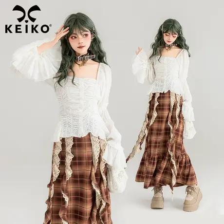 KEIKO 繁复褶皱打揽白色方领上衣女2024春夏法式复古白色长袖衬衫图片