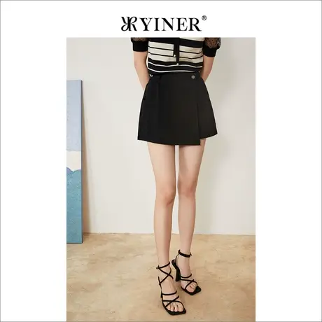 YINER音儿线上专选女装2022夏季黑色不规则高腰显瘦牛仔短裤商品大图