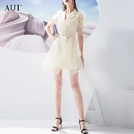 AUI职业西装短袖连衣裙女2023夏季新款气质收腰欧根纱泡泡袖裙子图片