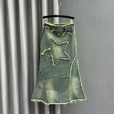 辣妹风半身裙女2024春季新款复古星星设计高腰显瘦中长款a字裙潮图片