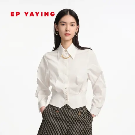 [唐嫣同款]EP雅莹女装 挺括收腰截短棉白衬衫 商场同款2107A图片