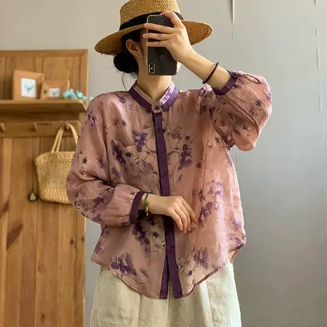 dza 复古印花立领长袖苎麻上衣女士春季衬衫新款宽松休闲棉麻衬衣图片