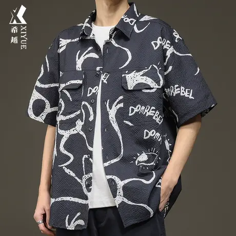 希越美式休闲衬衫男2024春季新款宽松大码男士外套泡泡纱提花衬衣图片