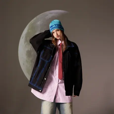 复古设计感黑色牛仔外套女春季2024新款街头潮牌情侣夹克宽松上衣图片