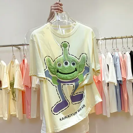 纯棉设计感植绒刺绣趣味卡通短袖t恤女夏季新款潮牌小众宽松上衣商品大图