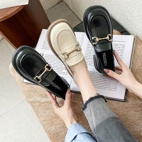 英伦风乐福鞋2022新款粗跟单鞋女圆头软皮一脚蹬懒人鞋百搭小皮鞋图片