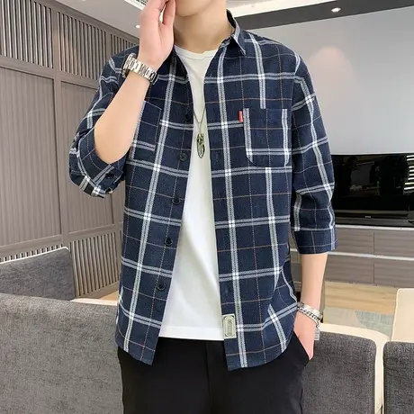 七分短袖衬衫男士夏季薄款格子衬衣宽松衬寸衣服休闲外套潮流中袖图片