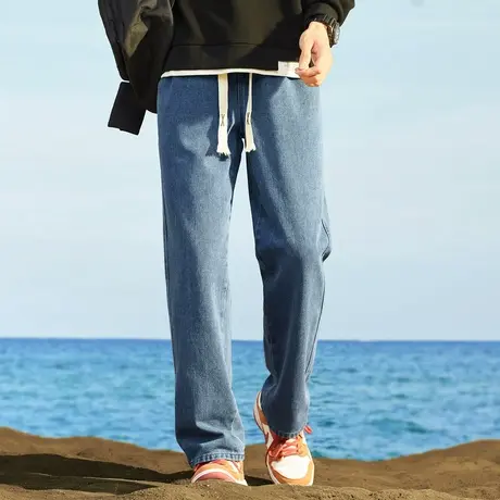 唐狮24春夏季新款牛仔裤男宽松抽绳阔腿裤美式潮流个性时尚裤子男图片