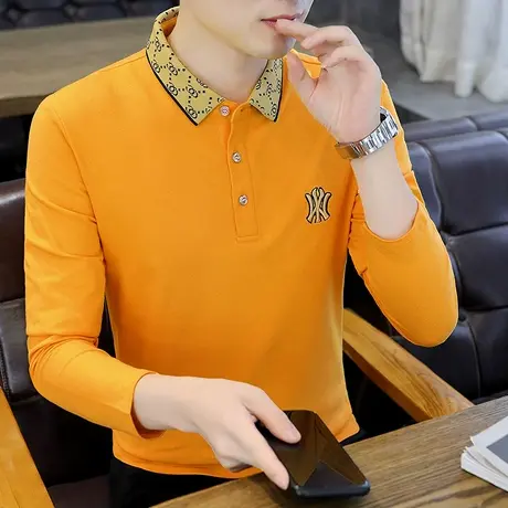 秋季新款潮流帅气男士长袖t恤棉上衣服翻领Polo衫男装带领打底衫商品大图